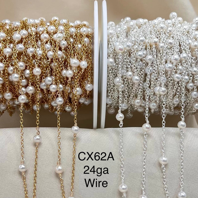 CX62A: 1.25” Space Wire Wrapped 4mm Pearl Station Chain By the Foot